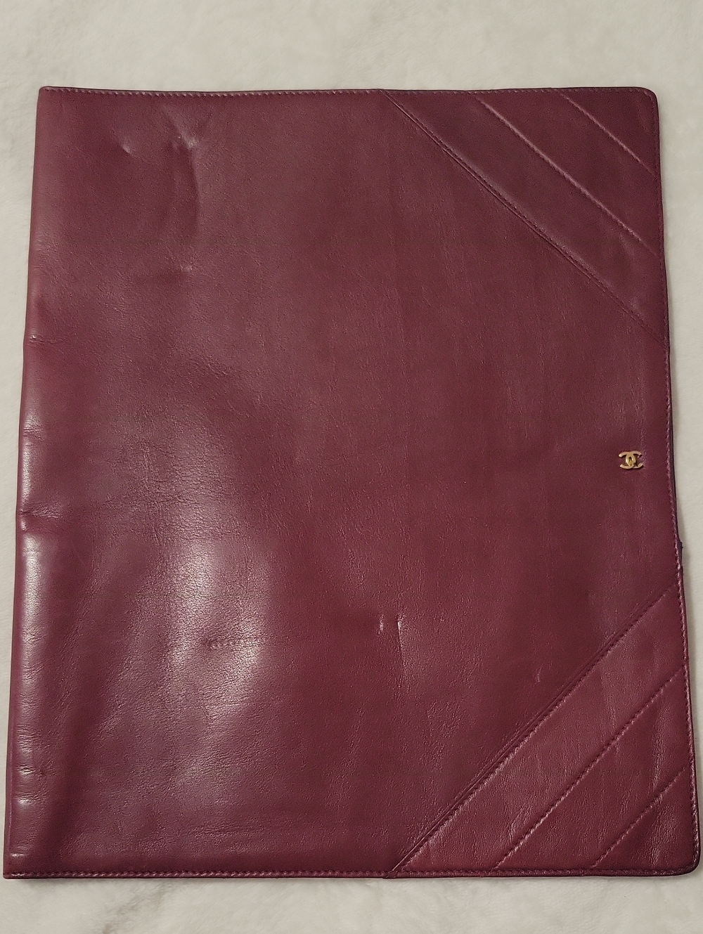CHANEL Burgundy Leather Document Portfolio with Gold CC Accent